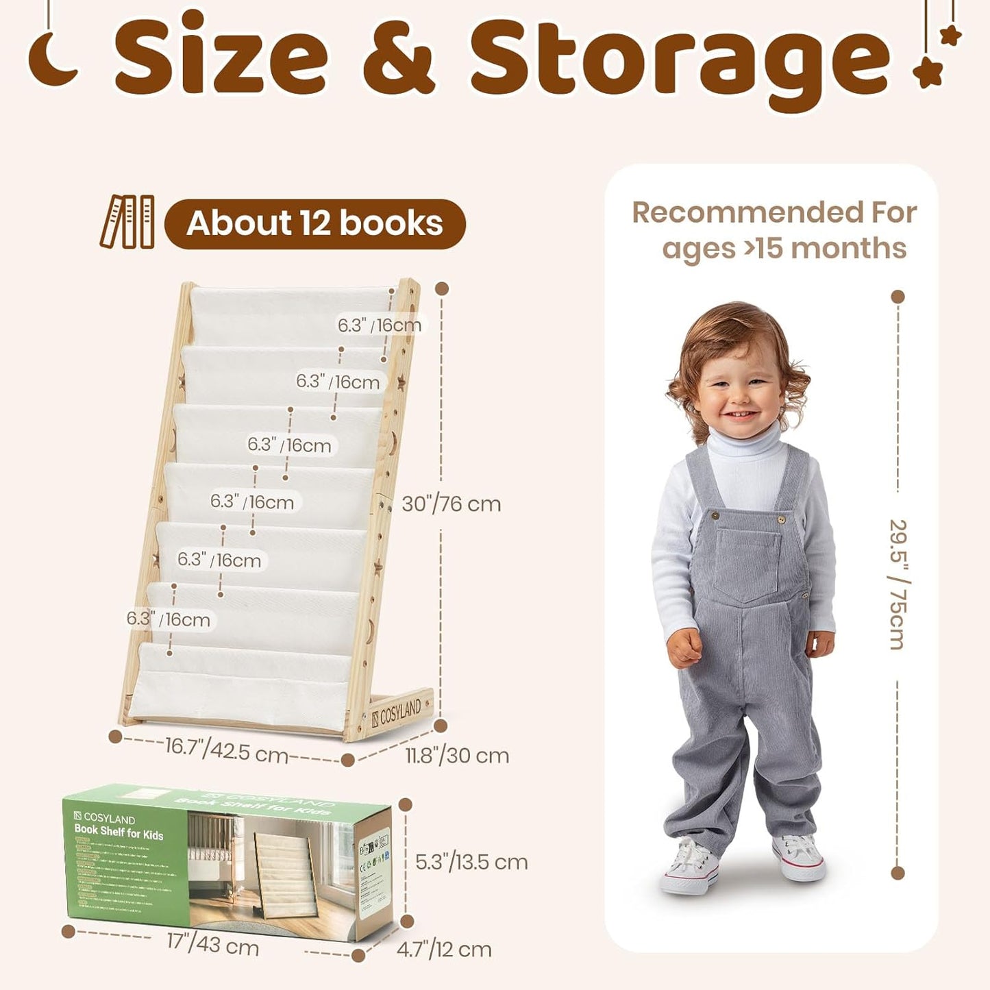 7-Tier Toddler Wooden Bookshelf with Deep Pocket