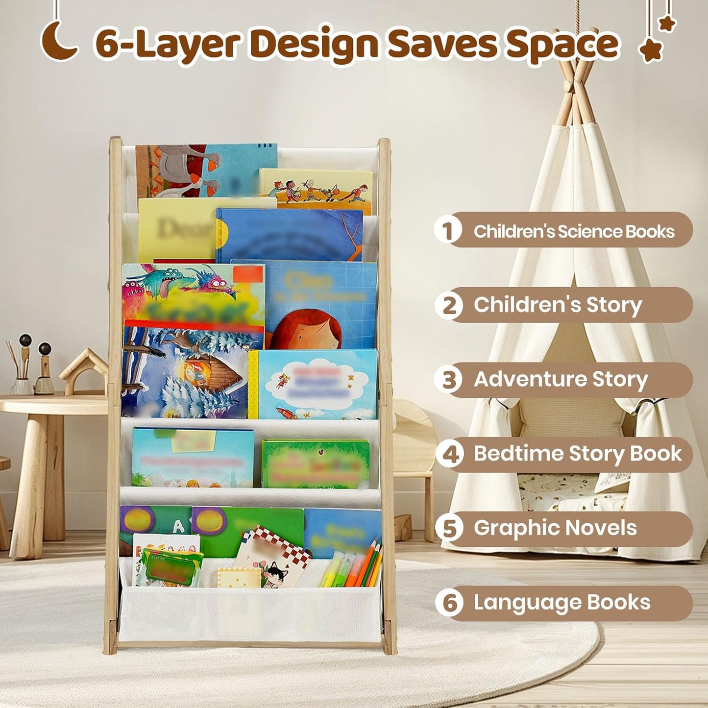 7-Tier Toddler Wooden Bookshelf with Deep Pocket
