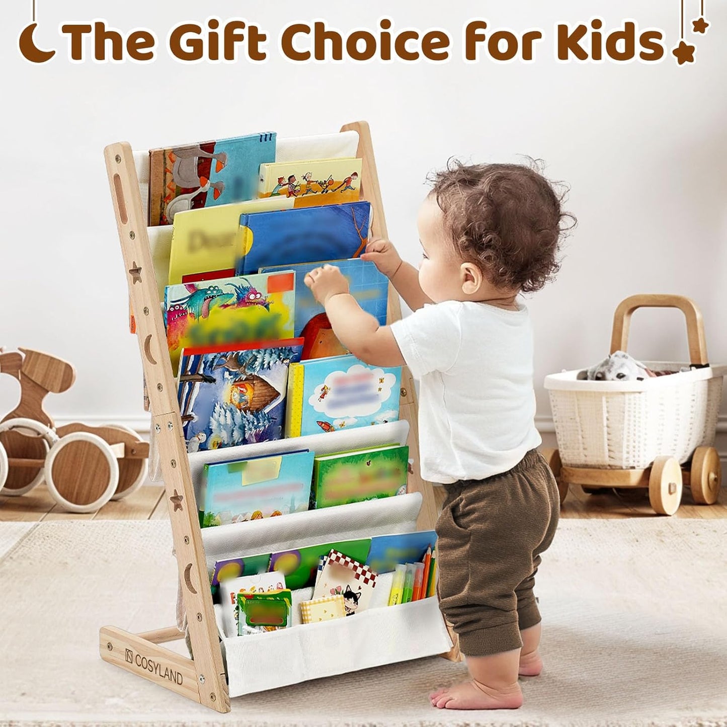 7-Tier Toddler Wooden Bookshelf with Deep Pocket