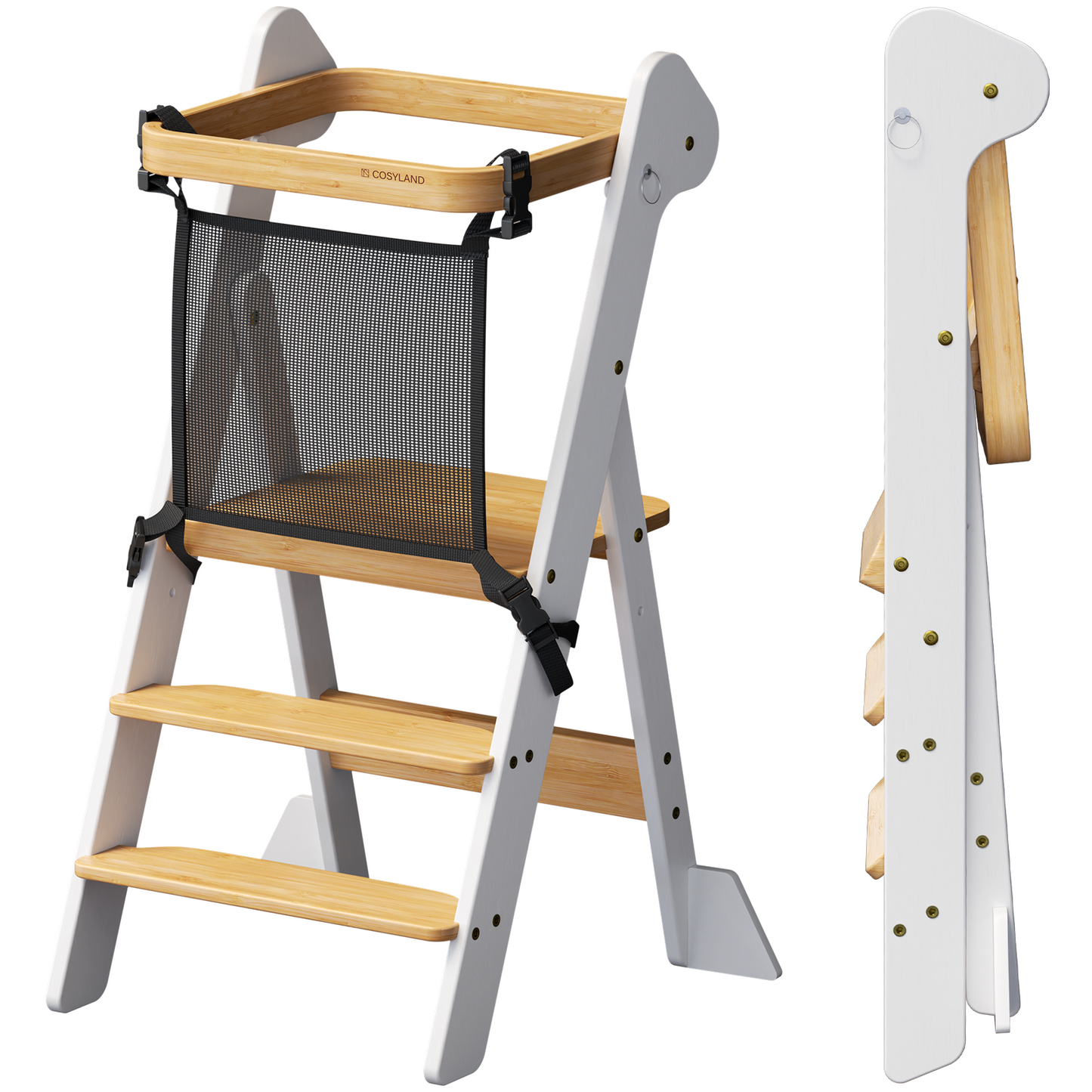 Adjustable Height Foldi Toddler Standing Tower with Net & Safety Feet