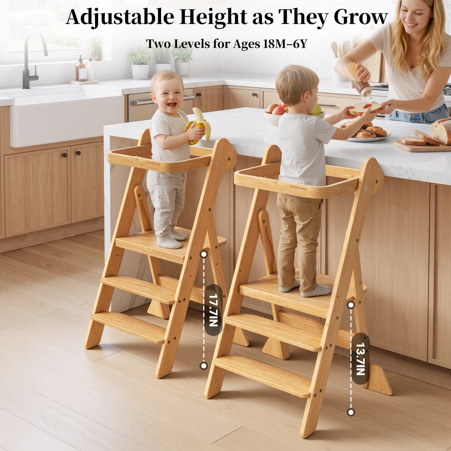Adjustable Height Foldi Toddler Standing Tower with Net & Safety Feet