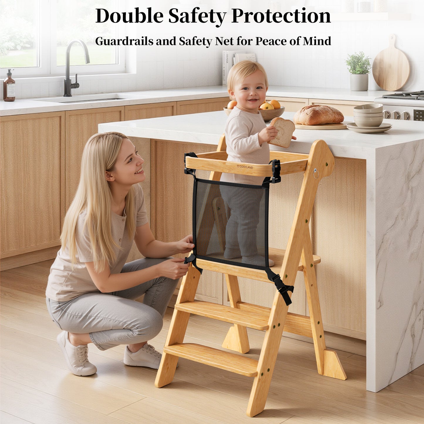Adjustable Height Foldi Toddler Standing Tower with Net & Safety Feet