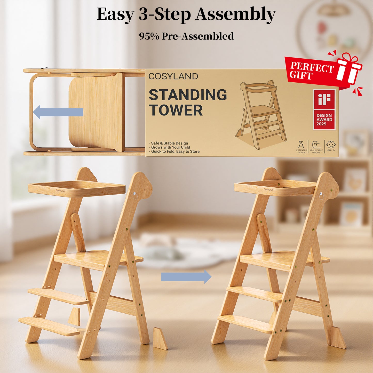 Adjustable Height Foldi Toddler Standing Tower with Net & Safety Feet